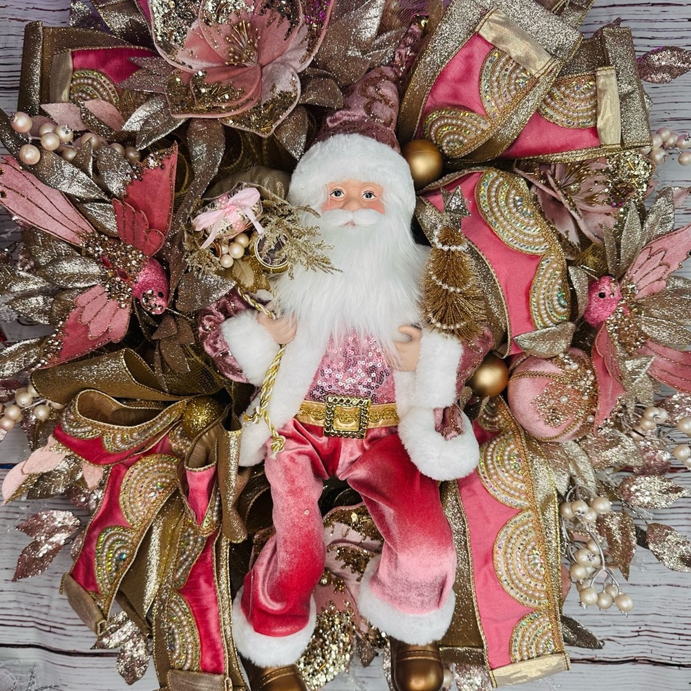Elegant Pink and Gold Holiday Santa Wreath